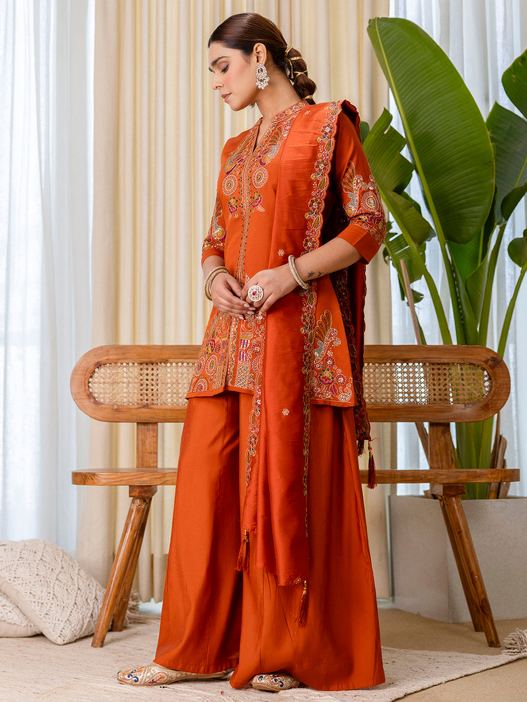 Avani Women's Rust Silk Blend Short Kurta Palazzo Set with Scalloped Dupatta