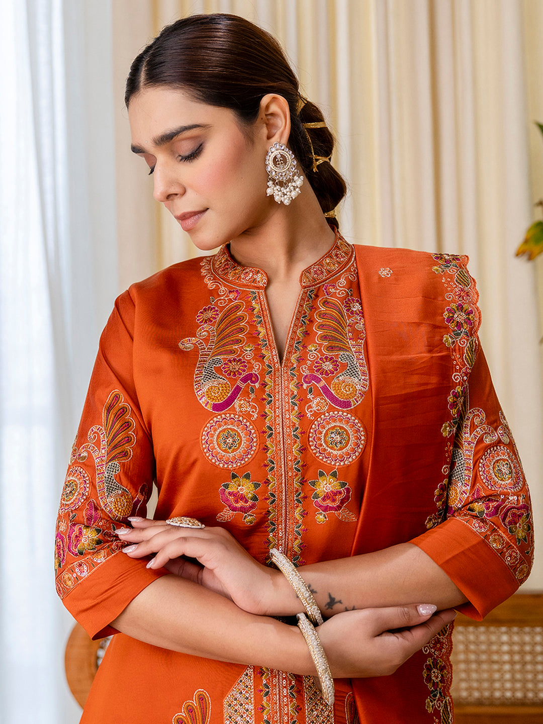 Avani Women's Rust Silk Blend Short Kurta Palazzo Set with Scalloped Dupatta