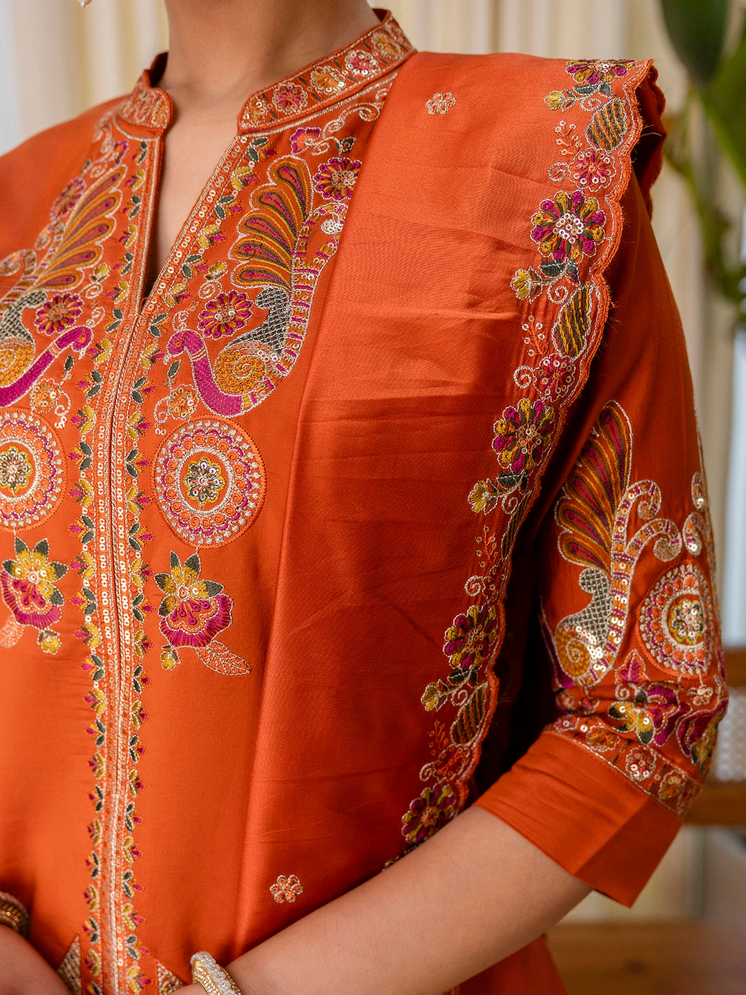 Avani Women's Rust Silk Blend Short Kurta Palazzo Set with Scalloped Dupatta