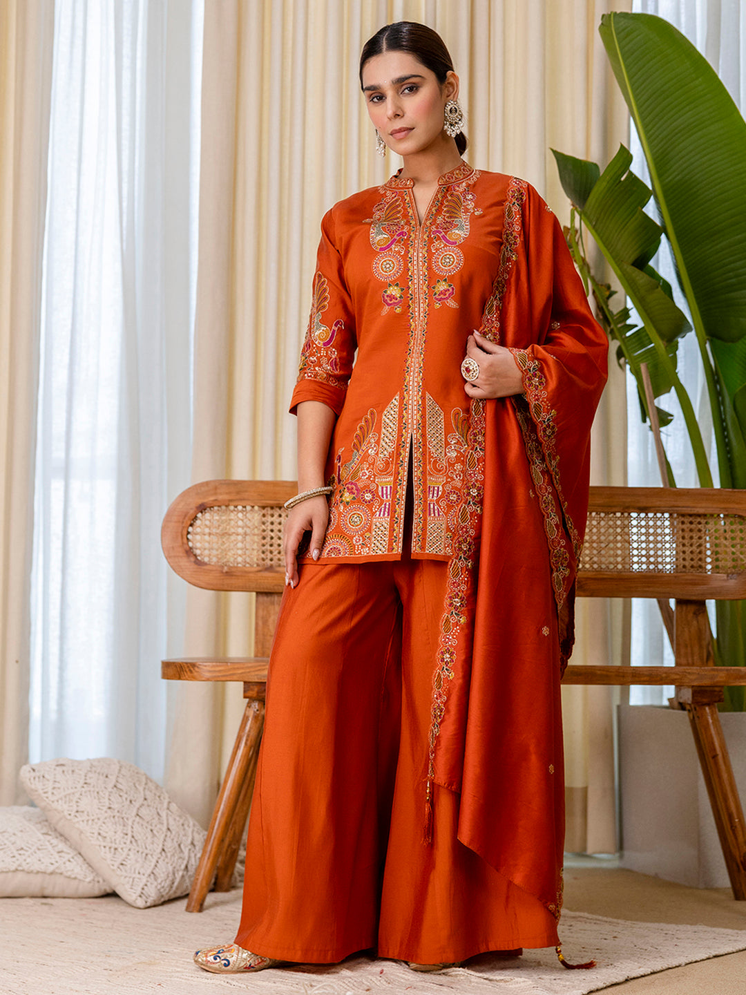 Avani Women's Rust Silk Blend Short Kurta Palazzo Set with Scalloped Dupatta