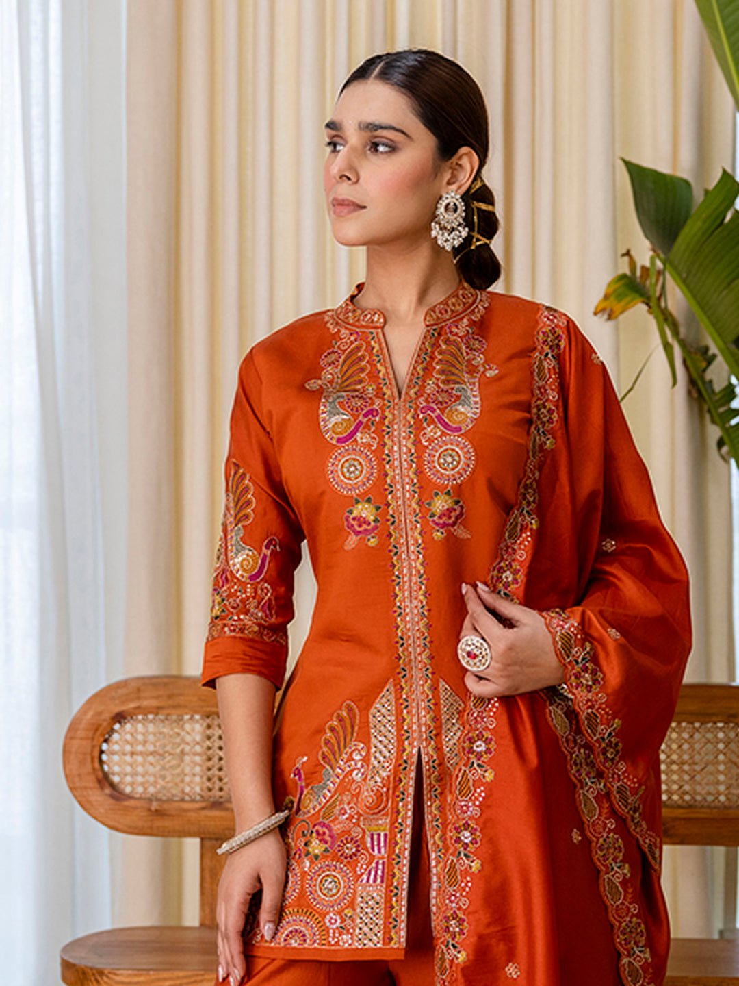 Avani Women's Rust Silk Blend Short Kurta Palazzo Set with Scalloped Dupatta