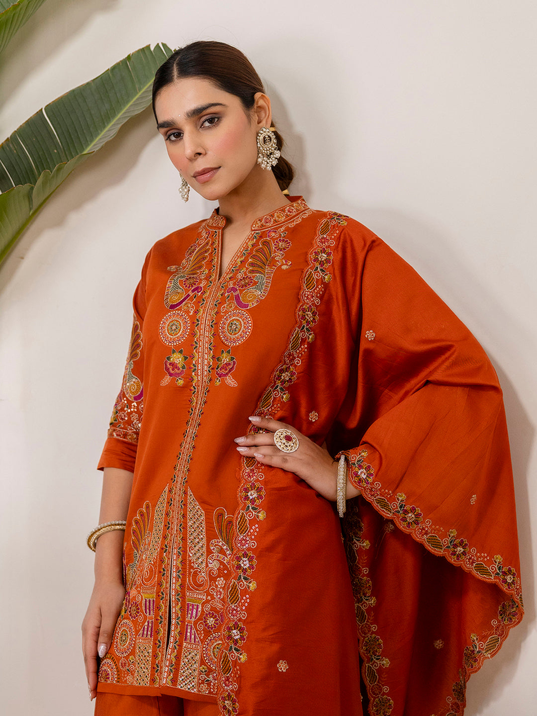 Avani Women's Rust Silk Blend Short Kurta Palazzo Set with Scalloped Dupatta