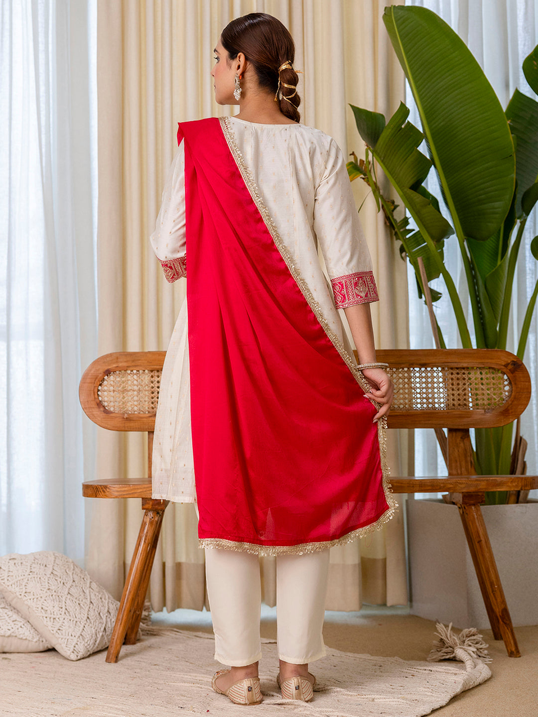 Shanaya Women’s White & Red Festive Embroidered Yoke Straight Kurta Pant Set