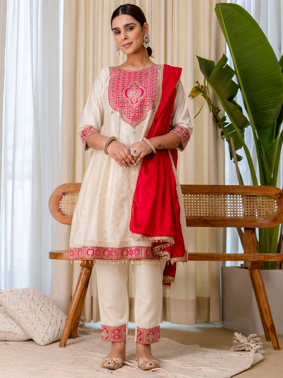 Shanaya Women’s White & Red Festive Embroidered Yoke Straight Kurta Pant Set