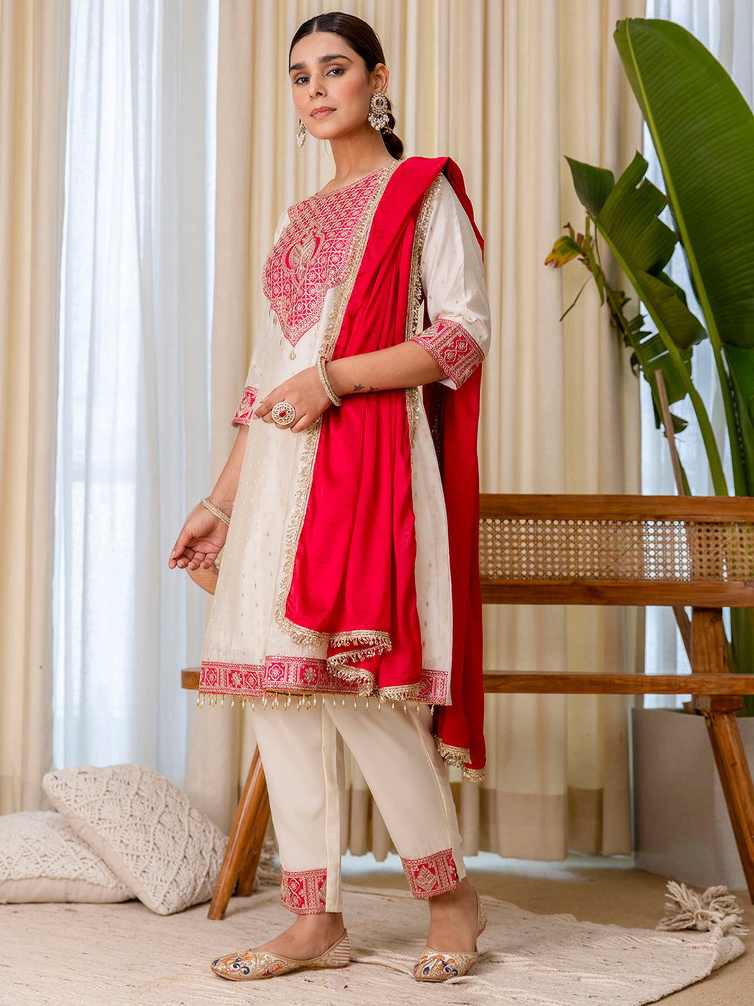 Shanaya Women’s White & Red Festive Embroidered Yoke Straight Kurta Pant Set