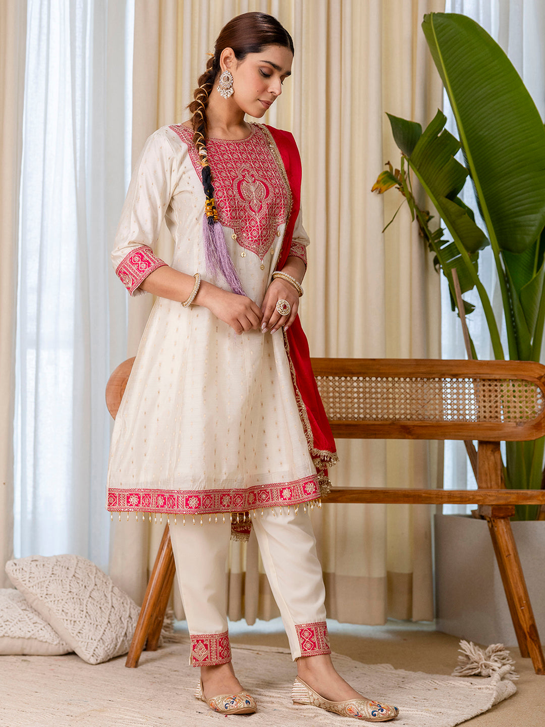Shanaya Women’s White & Red Festive Embroidered Yoke Straight Kurta Pant Set