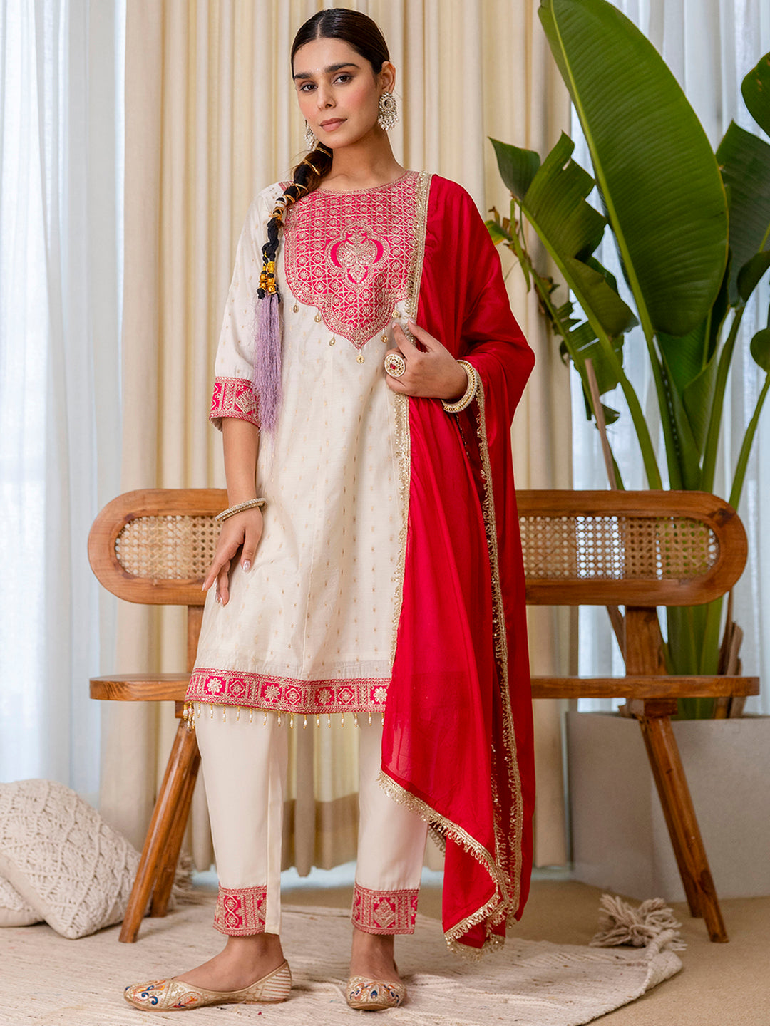 Shanaya Women’s White & Red Festive Embroidered Yoke Straight Kurta Pant Set