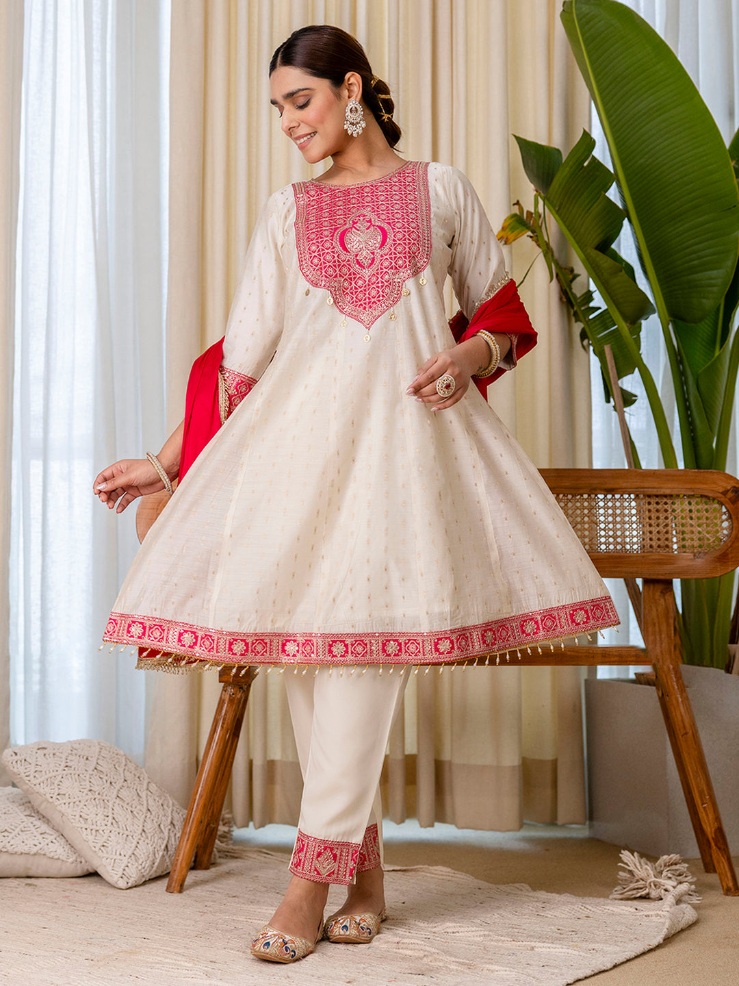 Shanaya Women’s White & Red Festive Embroidered Yoke Straight Kurta Pant Set