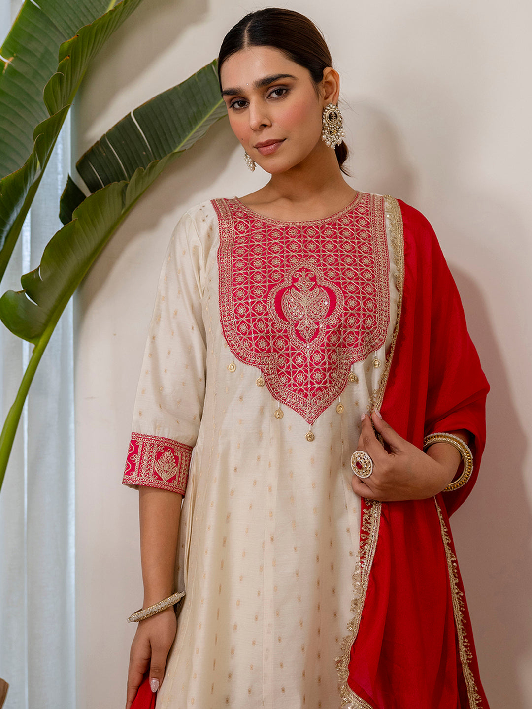 Shanaya Women’s White & Red Festive Embroidered Yoke Straight Kurta Pant Set