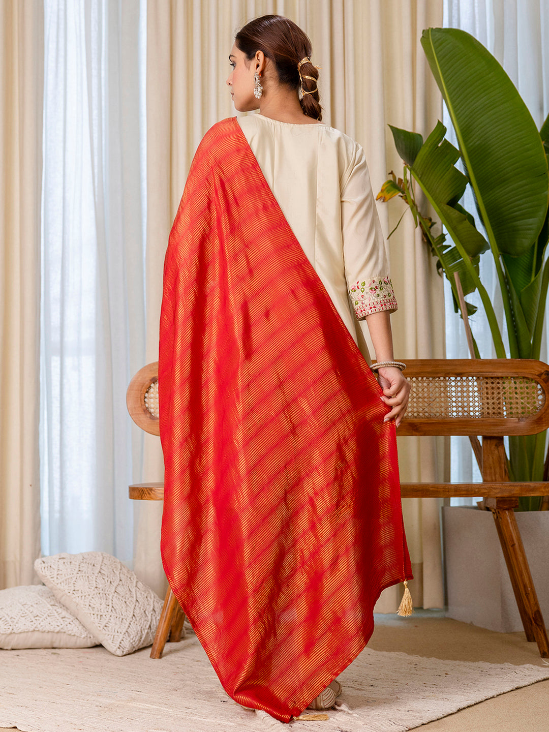 Myra Women's Begie Floral Embroidered Kurta Set with Banarasi Style Red Dupatta