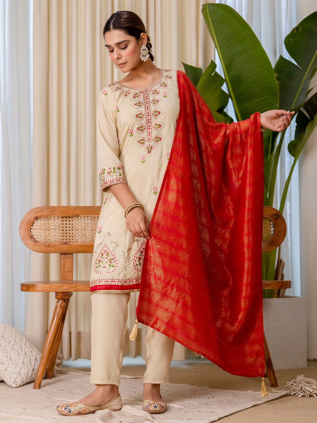 Myra Women's Begie Floral Embroidered Kurta Set with Banarasi Style Red Dupatta