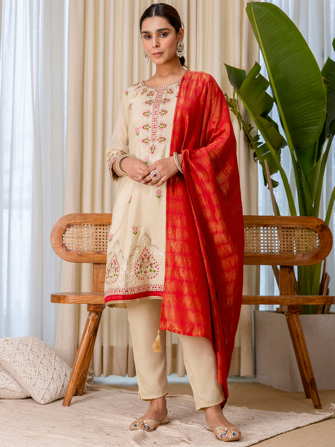 Myra Women's Begie Floral Embroidered Kurta Set with Banarasi Style Red Dupatta
