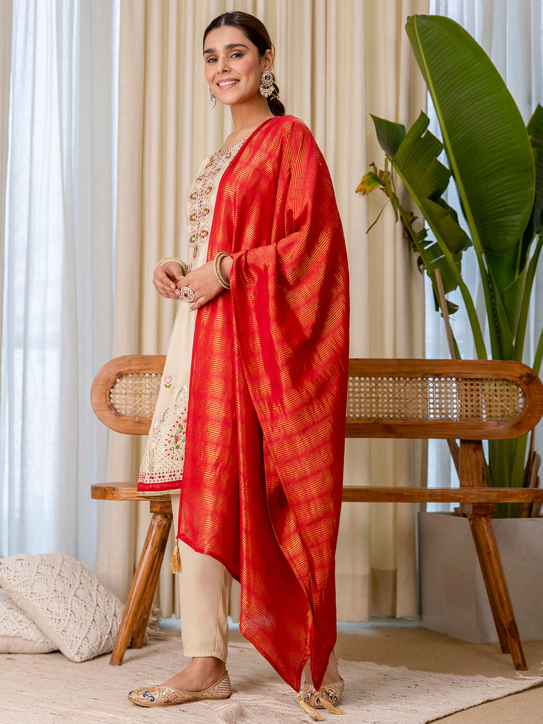 Myra Women's Begie Floral Embroidered Kurta Set with Banarasi Style Red Dupatta