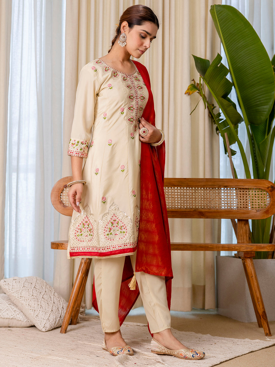 Myra Women's Begie Floral Embroidered Kurta Set with Banarasi Style Red Dupatta