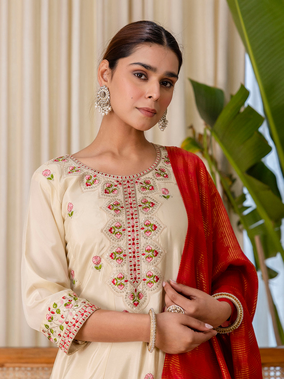Myra Women's Begie Floral Embroidered Kurta Set with Banarasi Style Red Dupatta