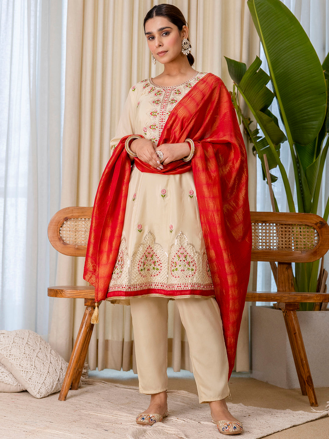 Myra Women's Begie Floral Embroidered Kurta Set with Banarasi Style Red Dupatta