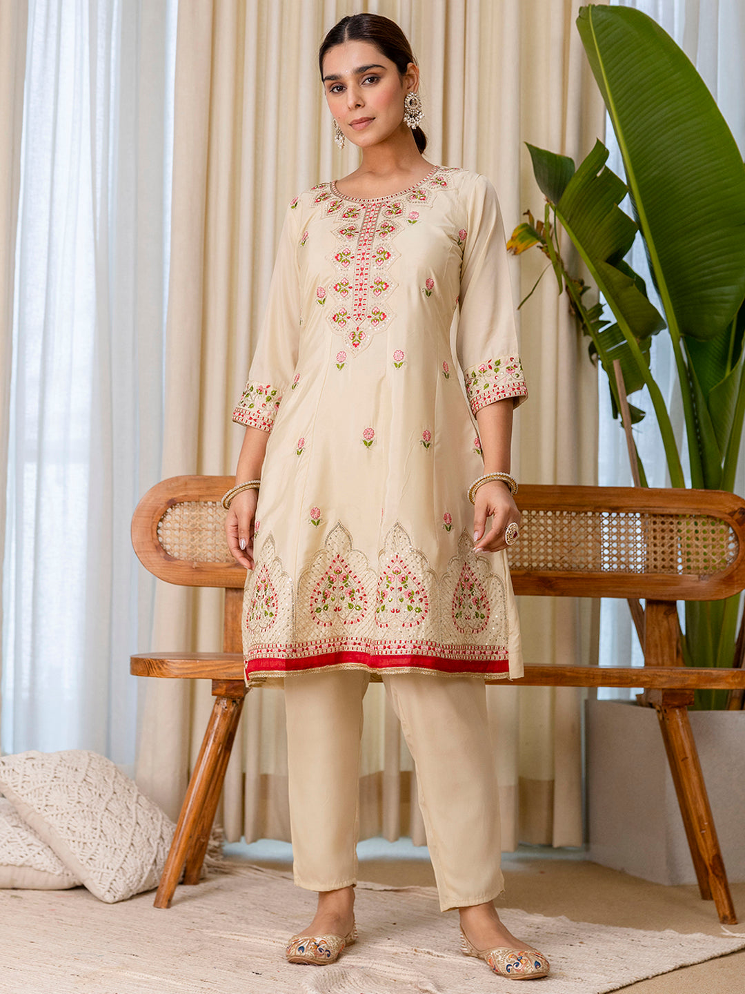Myra Women's Begie Floral Embroidered Kurta Set with Banarasi Style Red Dupatta