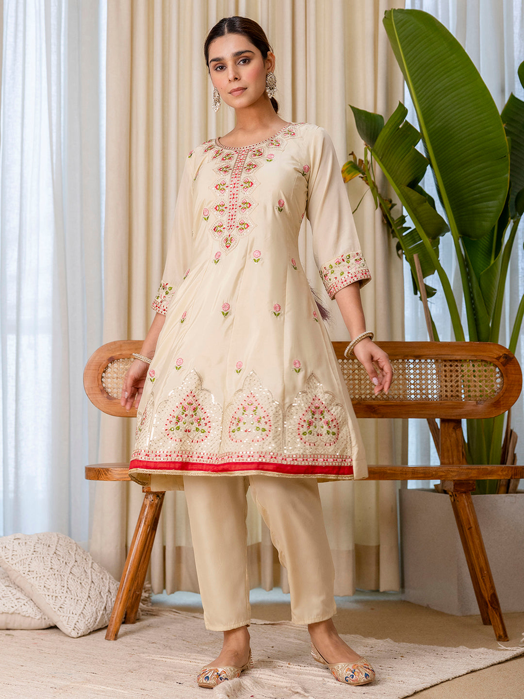 Myra Women's Begie Floral Embroidered Kurta Set with Banarasi Style Red Dupatta