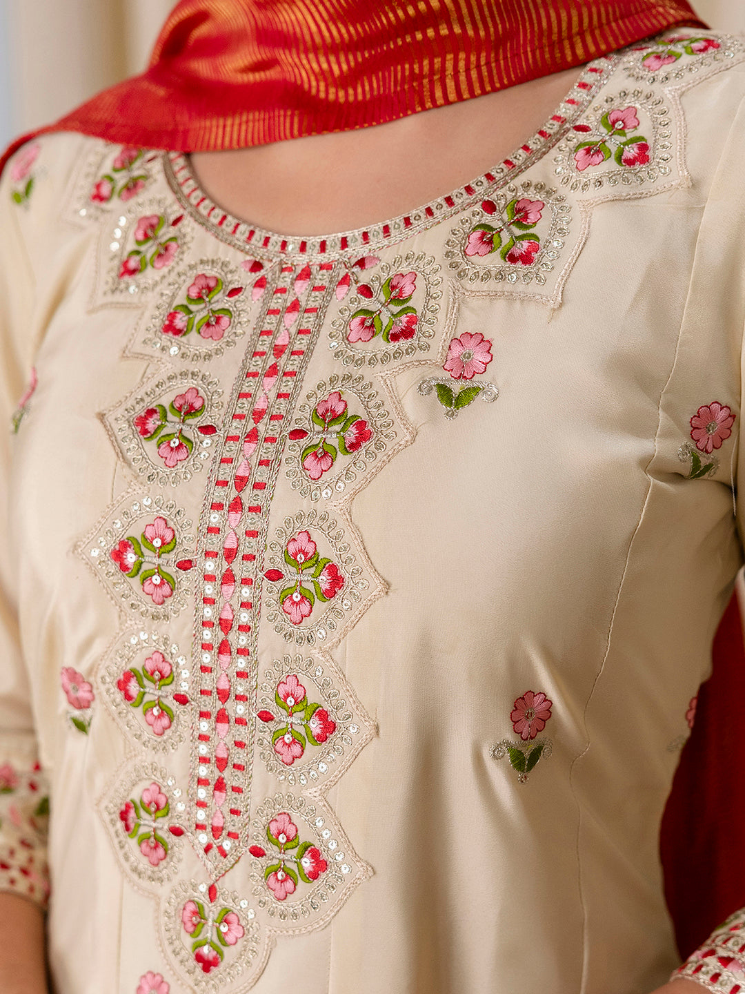 Nazneen Beige Elegant Silk Kurta Pant Set