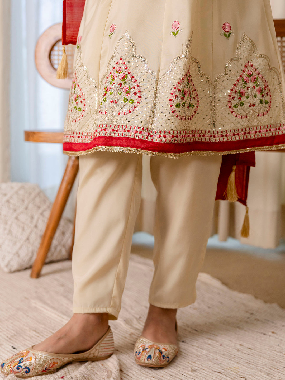 Nazneen Beige Elegant Silk Kurta Pant Set