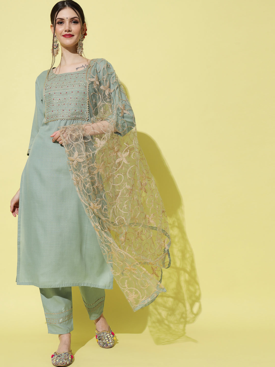 VredeVogel Embroidery Kurta Pant With Net Embroidery Dupatta