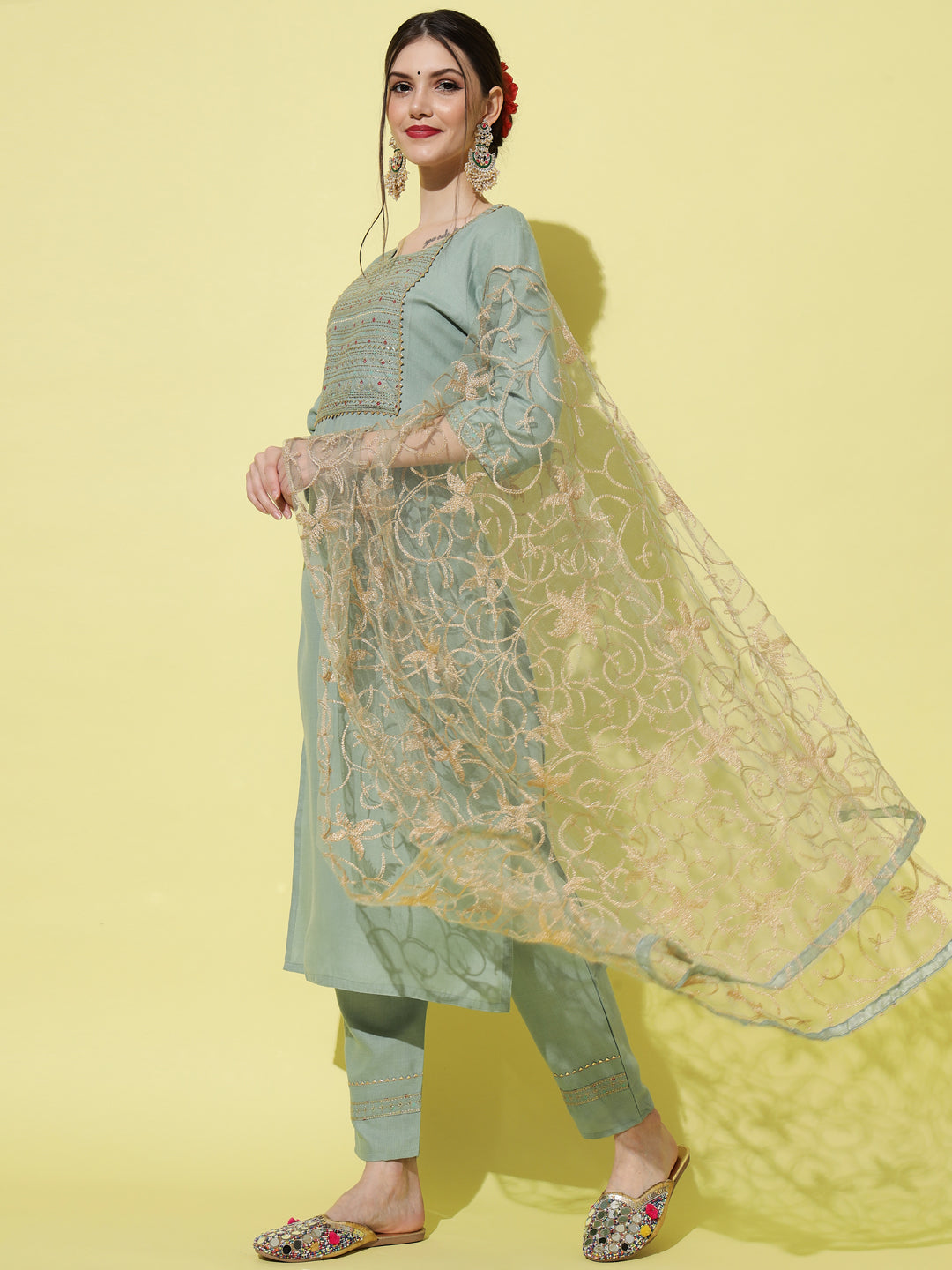 VredeVogel Embroidery Kurta Pant With Net Embroidery Dupatta