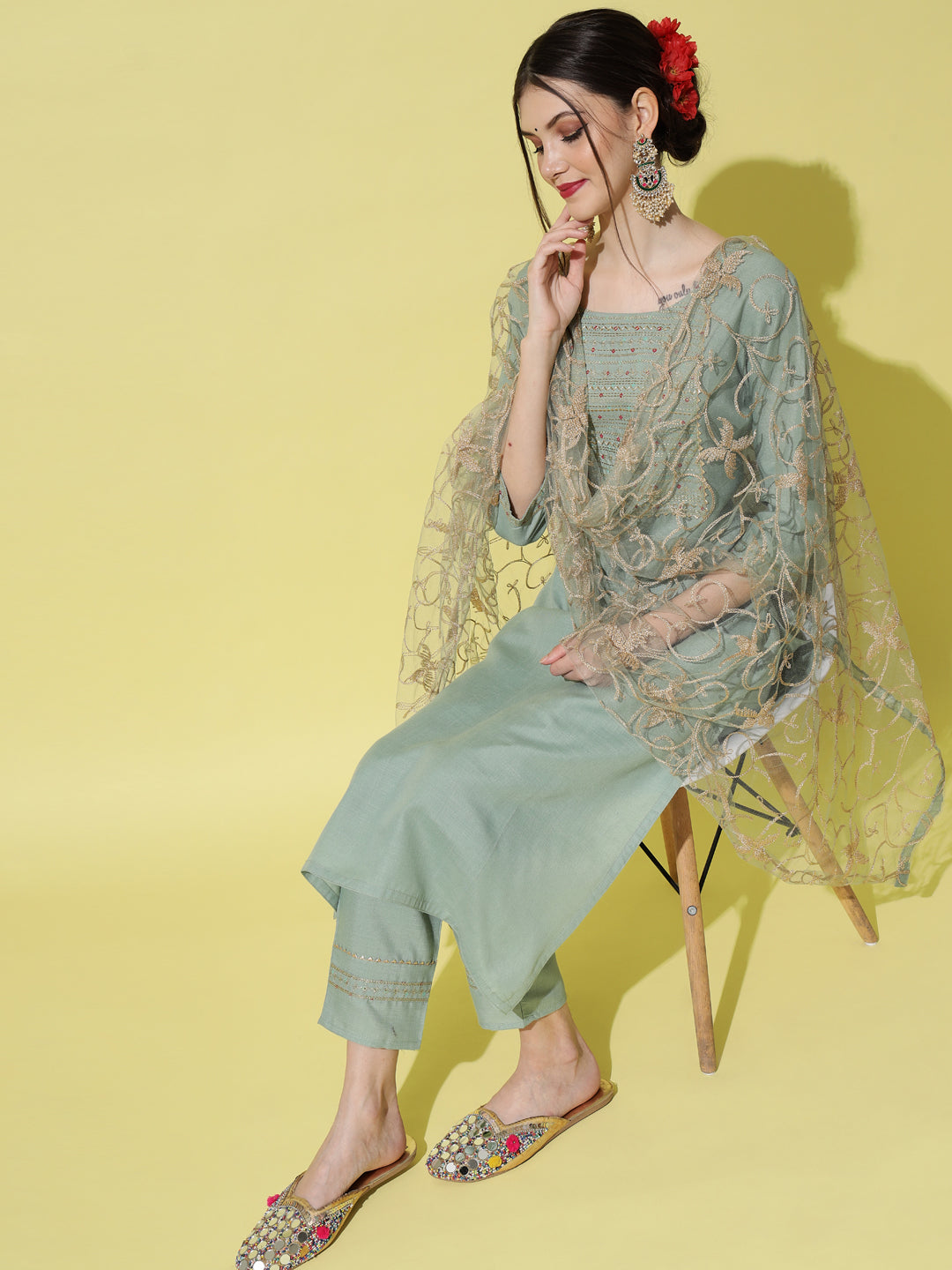 VredeVogel Embroidery Kurta Pant With Net Embroidery Dupatta