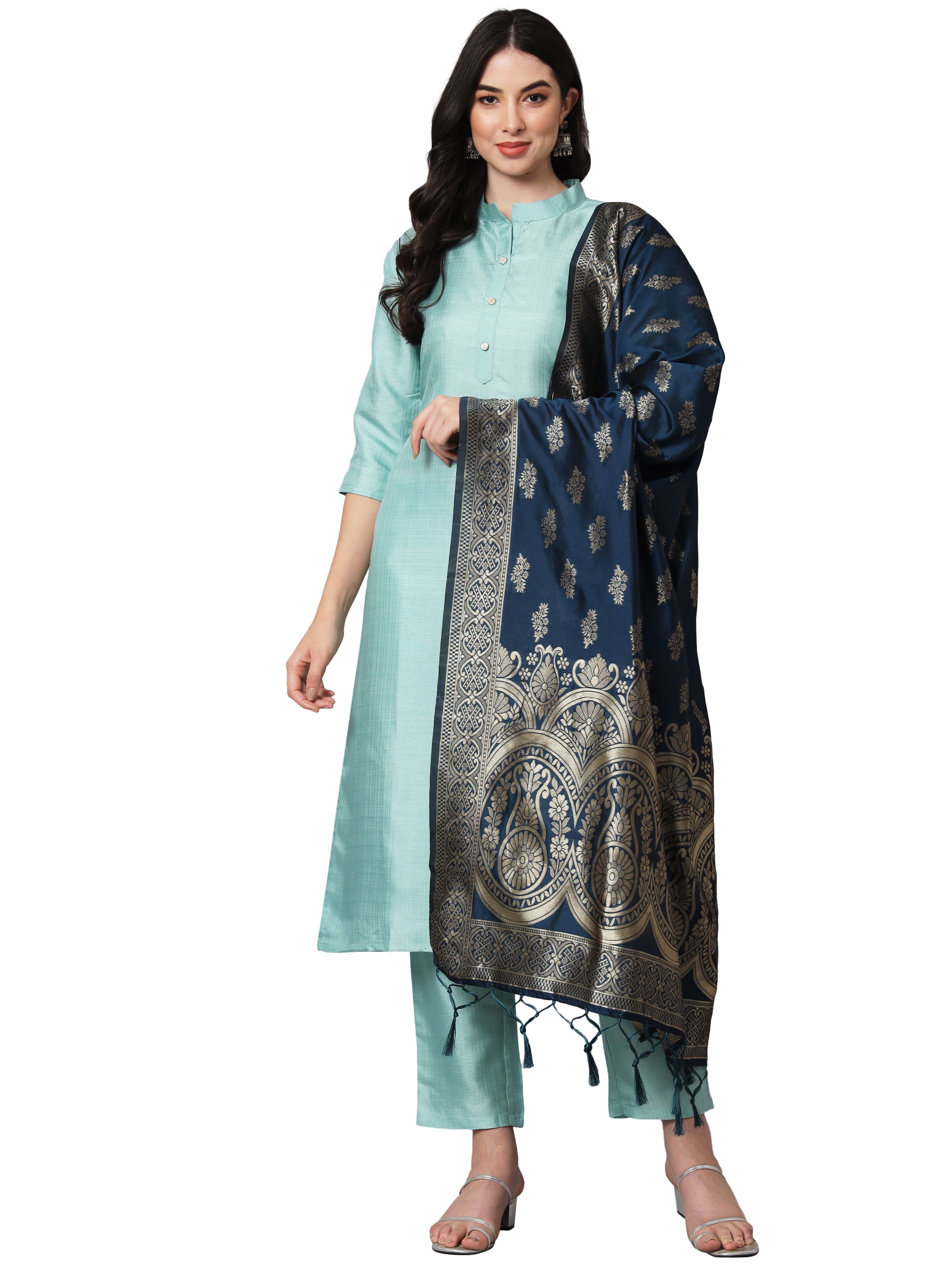 Sea Green Women Cotton Silk Blend Plain Straight Kurta Set with Trousers & Dupatta