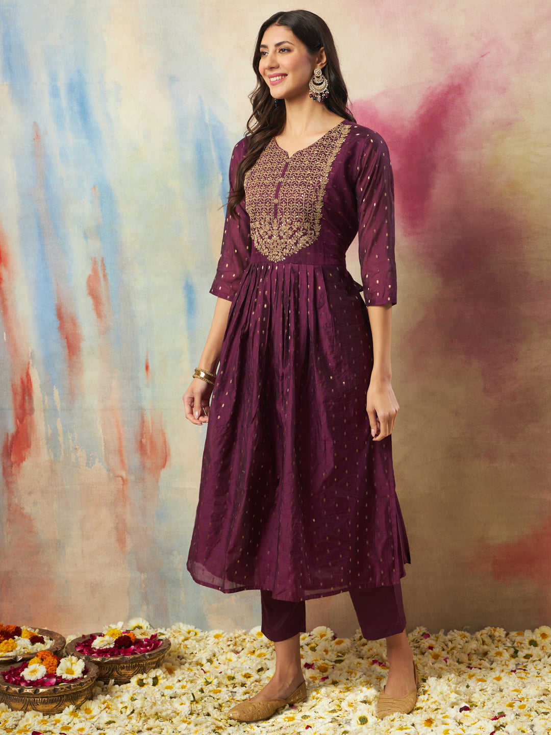 Rajsi Women Flared Kurta and Trousers Pant Set Cotton Silk Blend