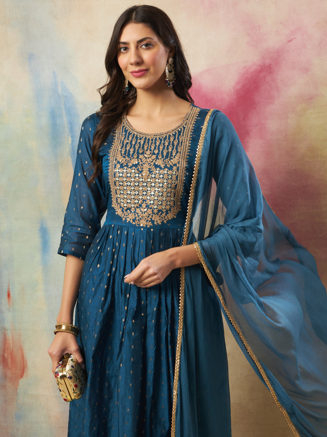 VredeVogel Women Flared Kurta and Trousers Pant Set Cotton Silk Blend