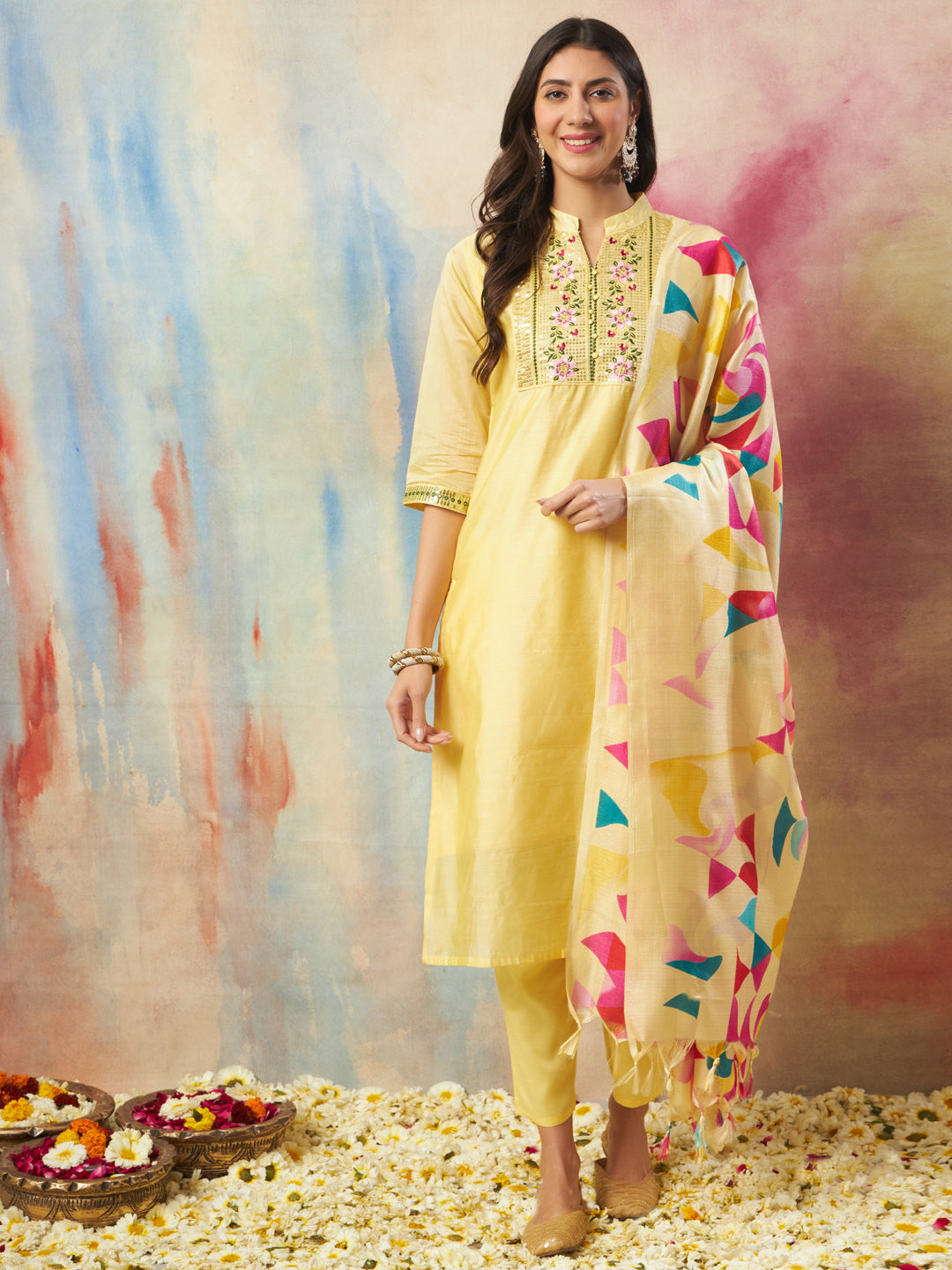 VredeVogel Women Kurta and Trouser Duppata Set chanderi modal Butti