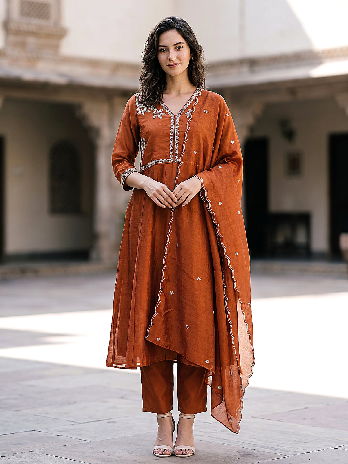 Myra Women’s Rust Embroidered Kurta Set with Matching Pants & Scalloped Dupatta