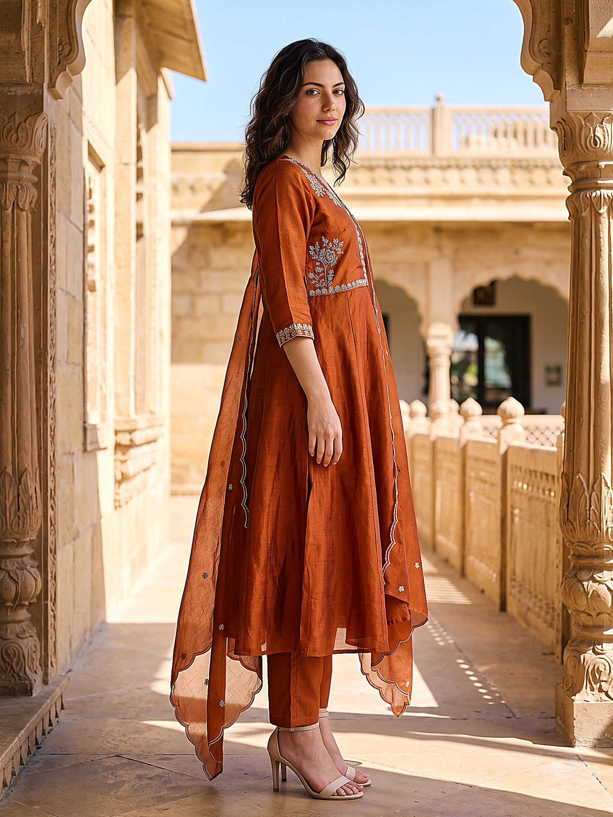 Myra Women’s Rust Embroidered Kurta Set with Matching Pants & Scalloped Dupatta