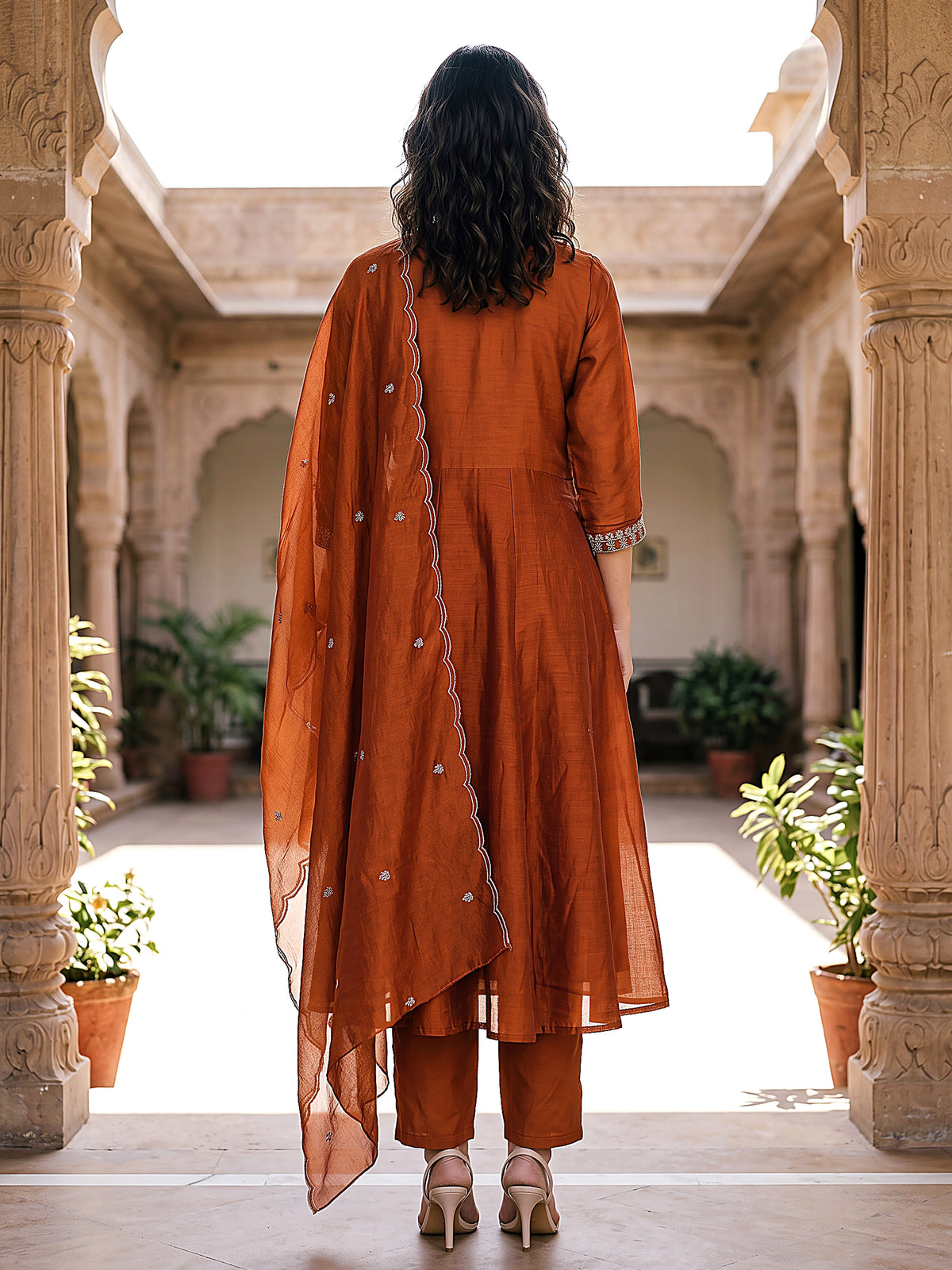 Myra Women’s Rust Embroidered Kurta Set with Matching Pants & Scalloped Dupatta