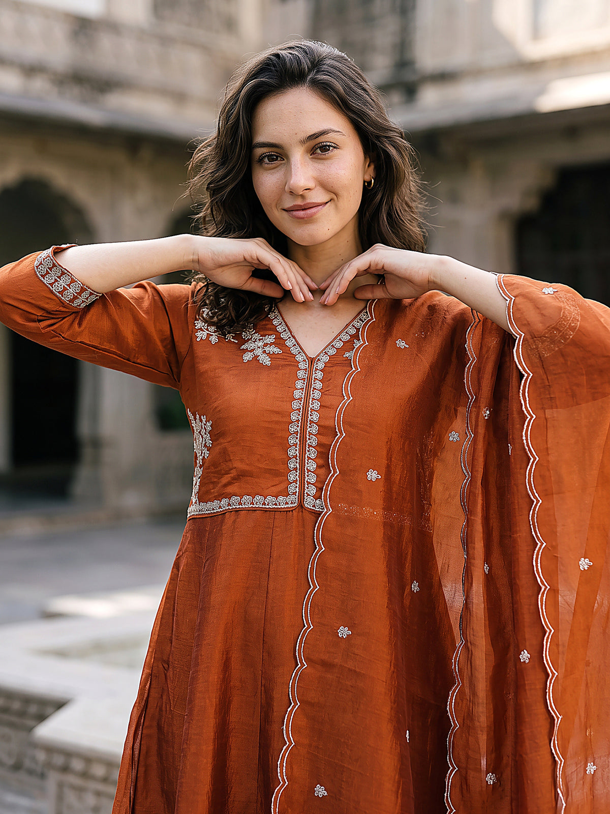 Myra Women’s Rust Embroidered Kurta Set with Matching Pants & Scalloped Dupatta