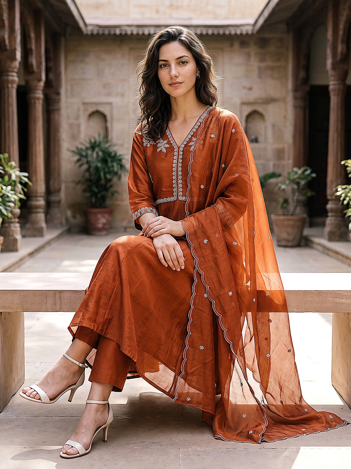 Myra Women’s Rust Embroidered Kurta Set with Matching Pants & Scalloped Dupatta