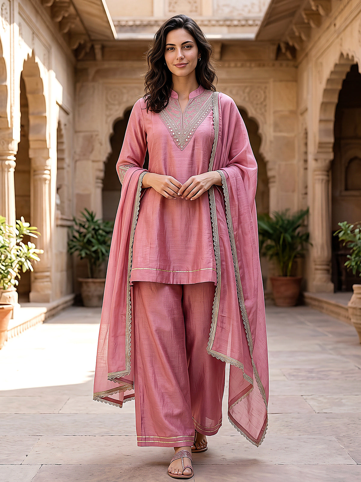 Riya Women’s Baby Pink Embroidered Kurta Set with Wide-Leg Pants & Sheer Dupatta