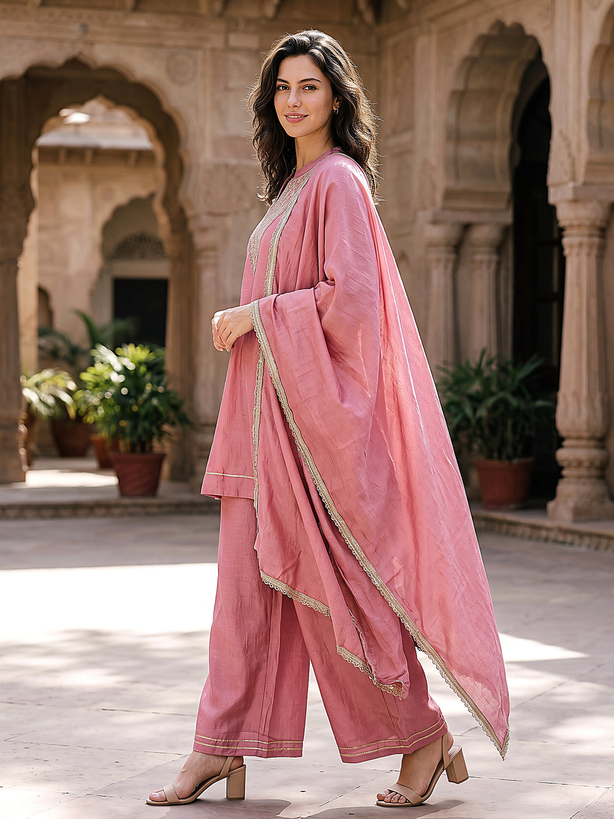 Riya Women’s Baby Pink Embroidered Kurta Set with Wide-Leg Pants & Sheer Dupatta