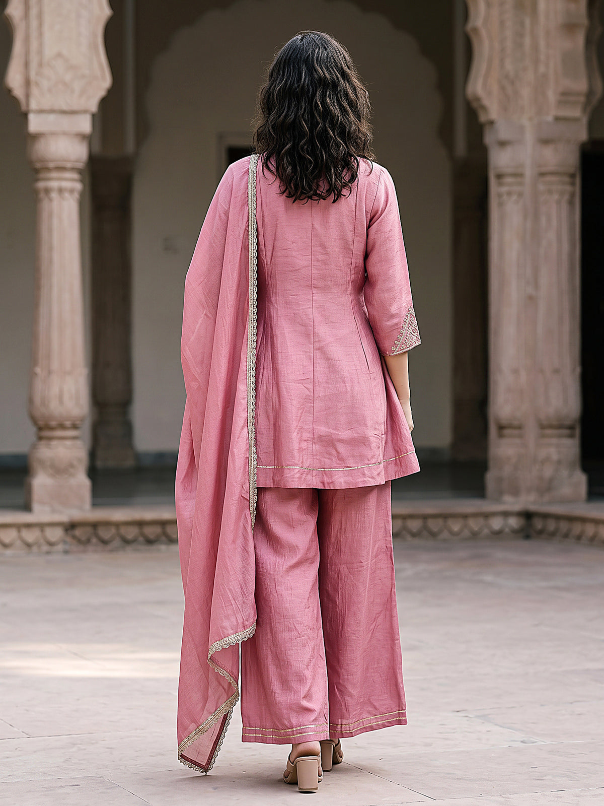 Riya Women’s Baby Pink Embroidered Kurta Set with Wide-Leg Pants & Sheer Dupatta