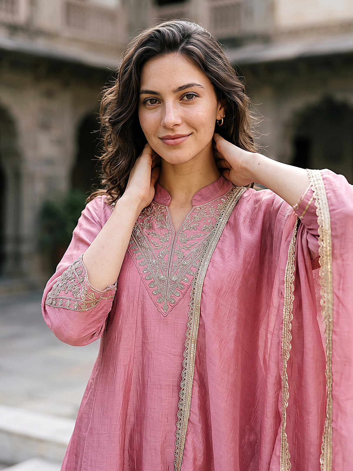 Riya Women’s Baby Pink Embroidered Kurta Set with Wide-Leg Pants & Sheer Dupatta