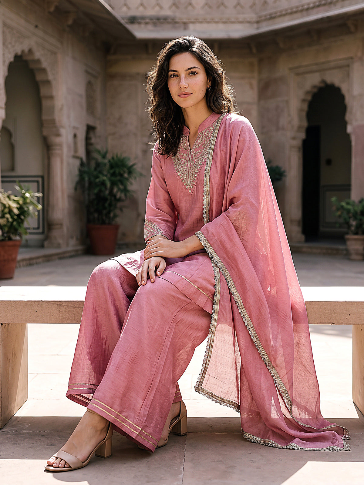Riya Women’s Baby Pink Embroidered Kurta Set with Wide-Leg Pants & Sheer Dupatta