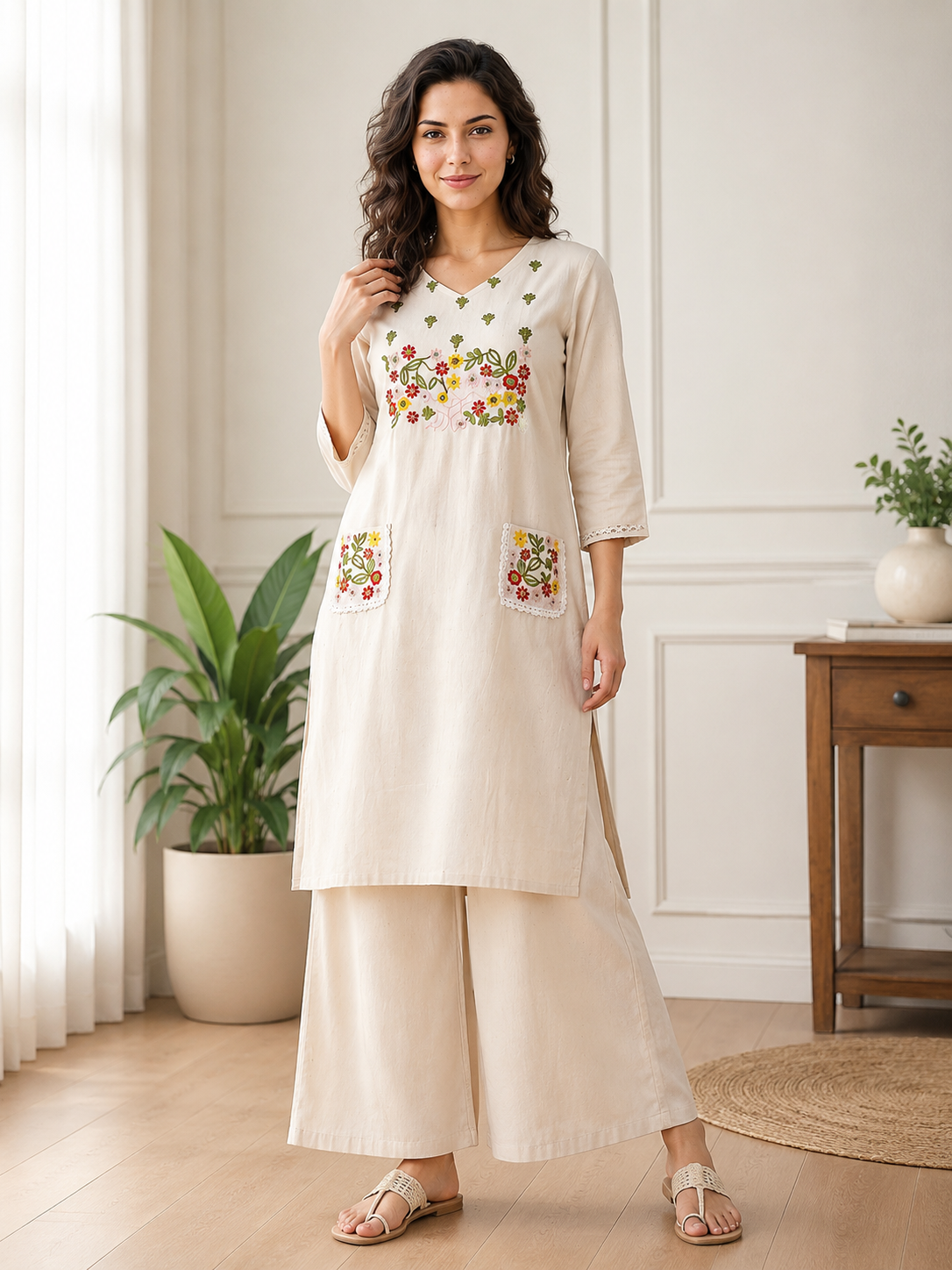 Naina Women’s Off-White Floral Embroidered Kurta with Palazzo Pants