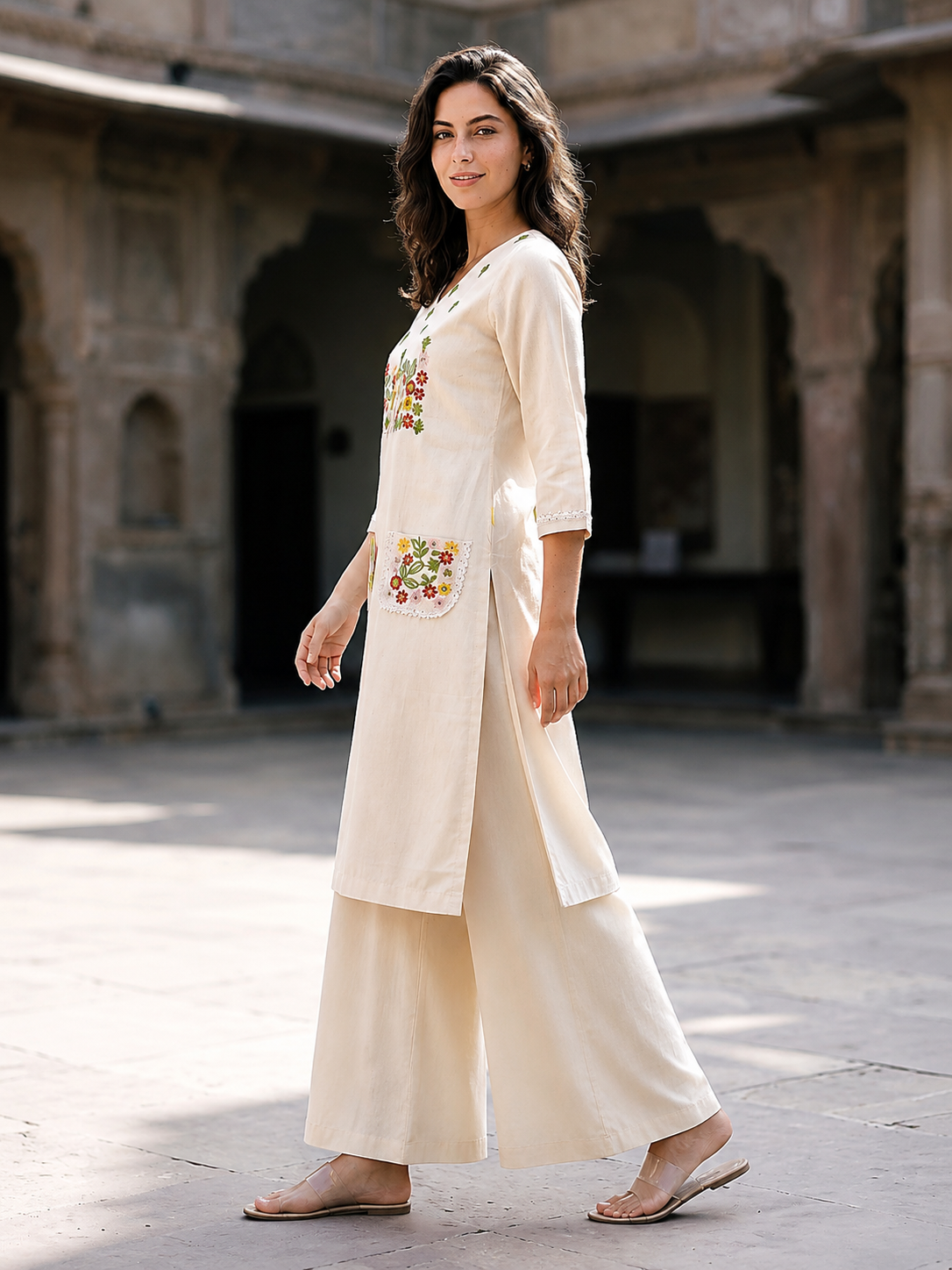 Naina Women’s Off-White Floral Embroidered Kurta with Palazzo Pants