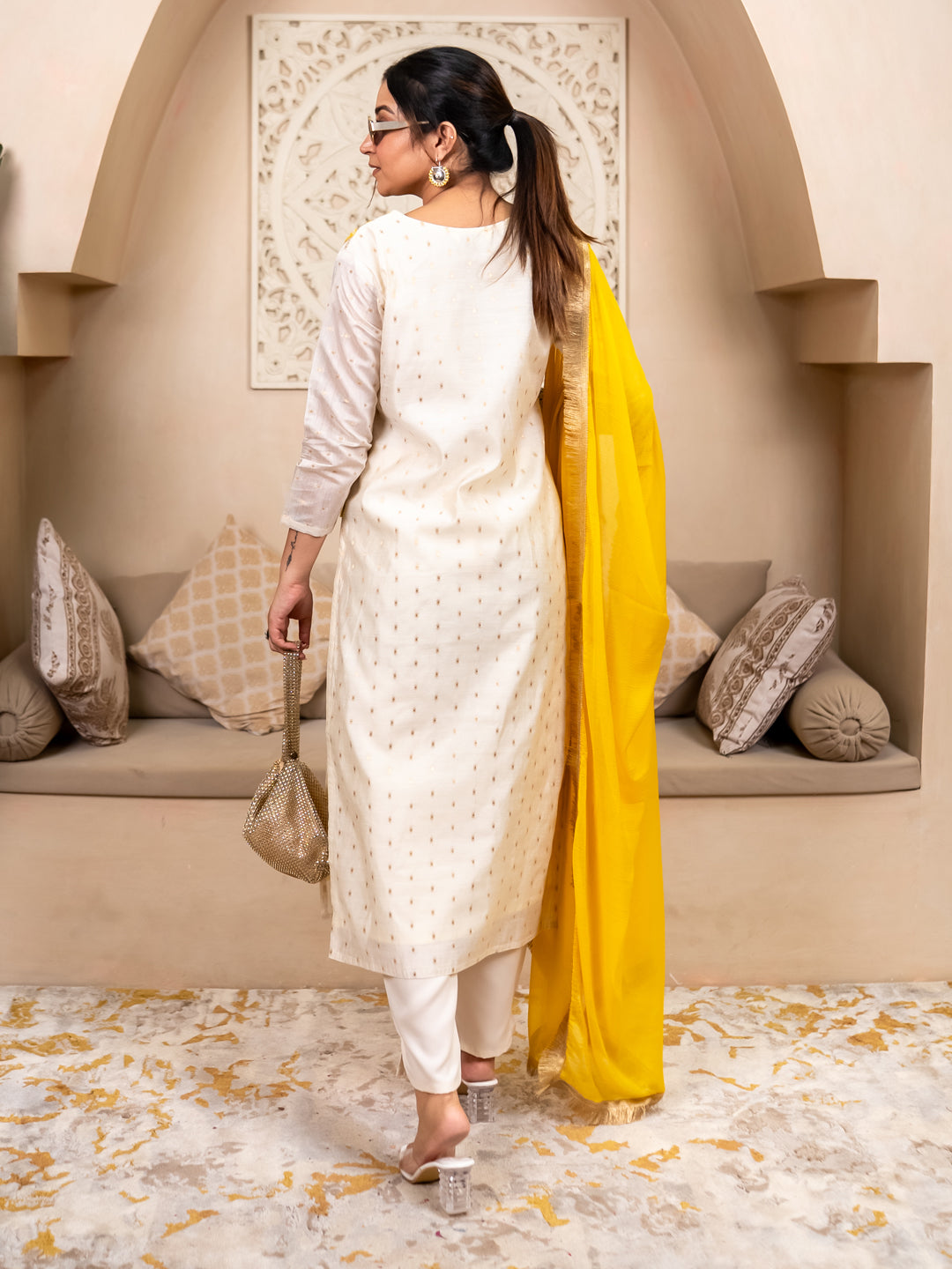 Aabha White Women Kurta and Pant Dupatta Sets Chanderi Silk Fabrics with Embroidery