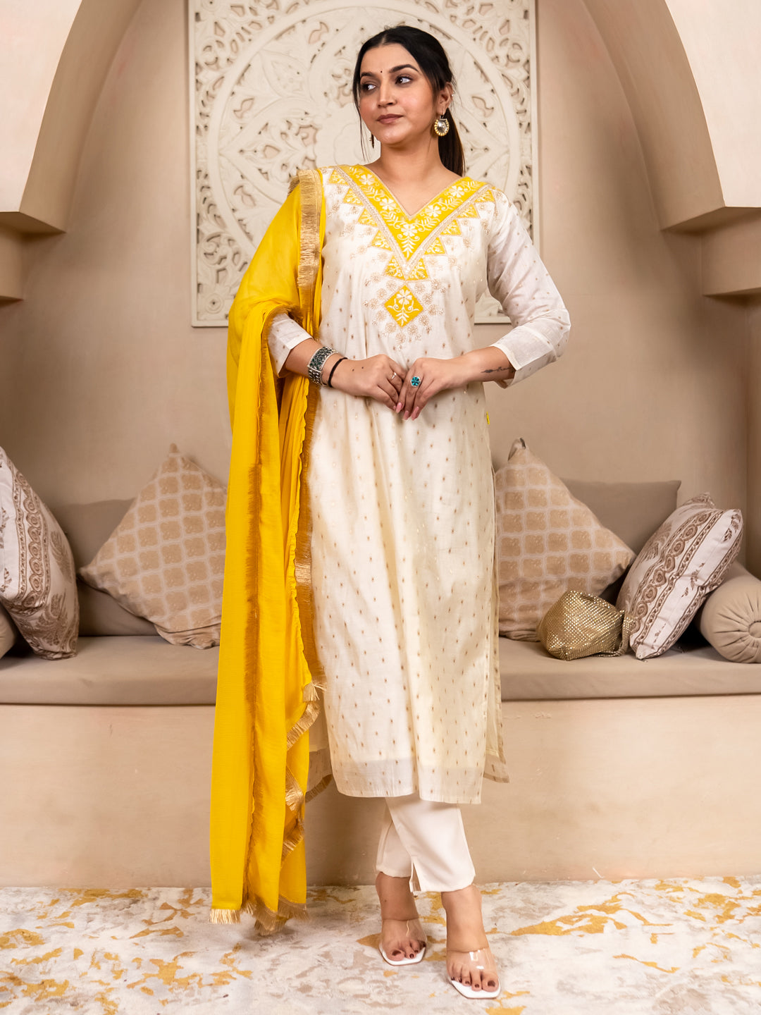 Aabha White Women Kurta and Pant Dupatta Sets Chanderi Silk Fabrics with Embroidery