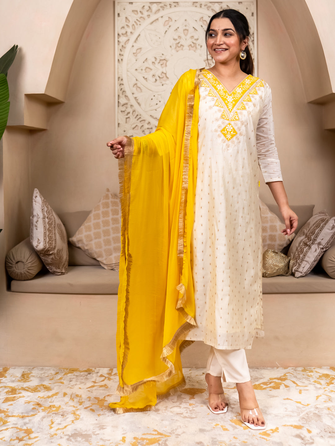 Aabha White Women Kurta and Pant Dupatta Sets Chanderi Silk Fabrics with Embroidery