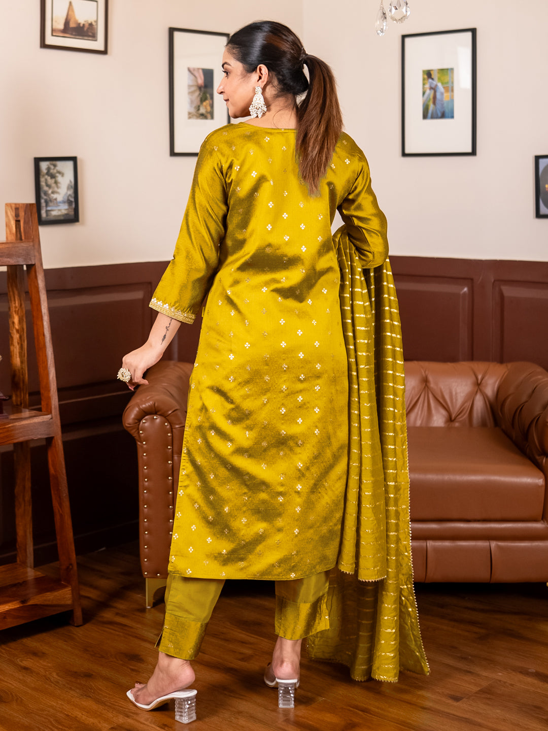 Zyra Lemon Women Kurta and Pant Dupatta Sets Chanderi Silk Fabrics with Embroidery