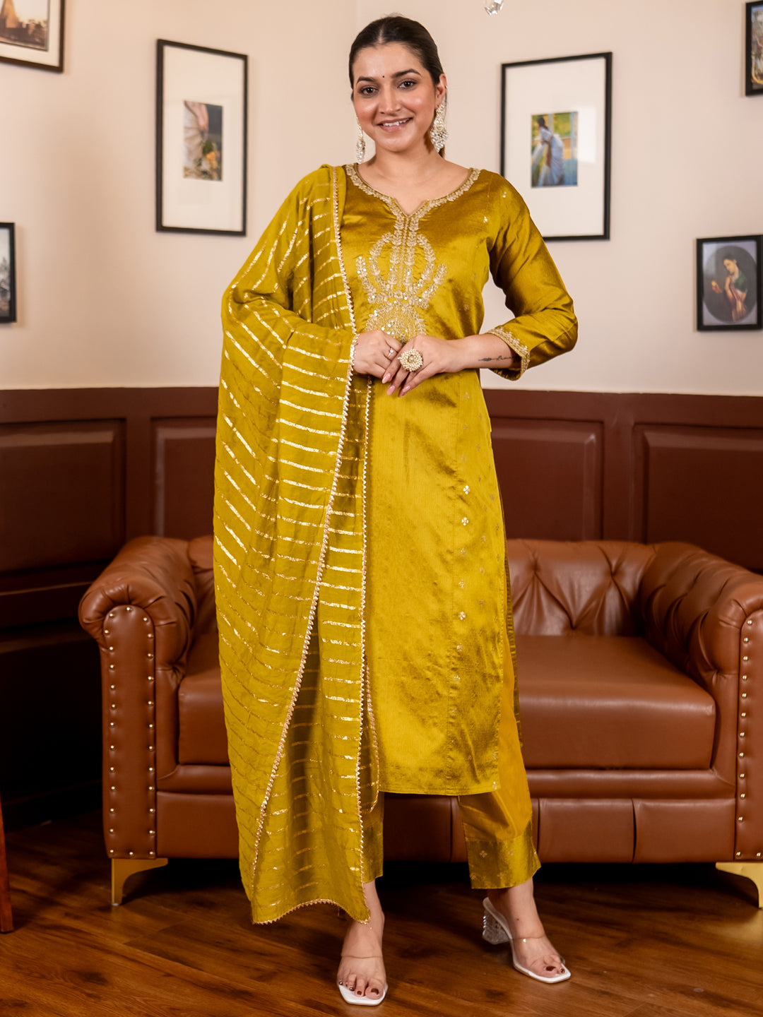 Zyra Lemon Women Kurta and Pant Dupatta Sets Chanderi Silk Fabrics with Embroidery