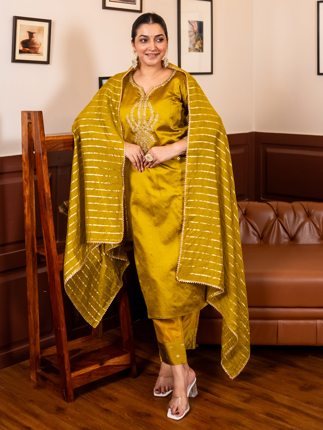 Zyra Lemon Women Kurta and Pant Dupatta Sets Chanderi Silk Fabrics with Embroidery