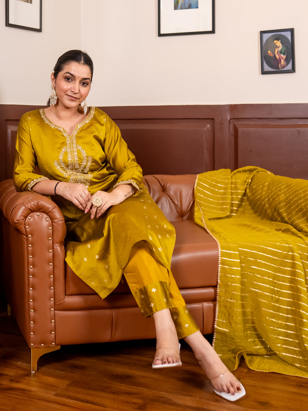 Zyra Lemon Women Kurta and Pant Dupatta Sets Chanderi Silk Fabrics with Embroidery